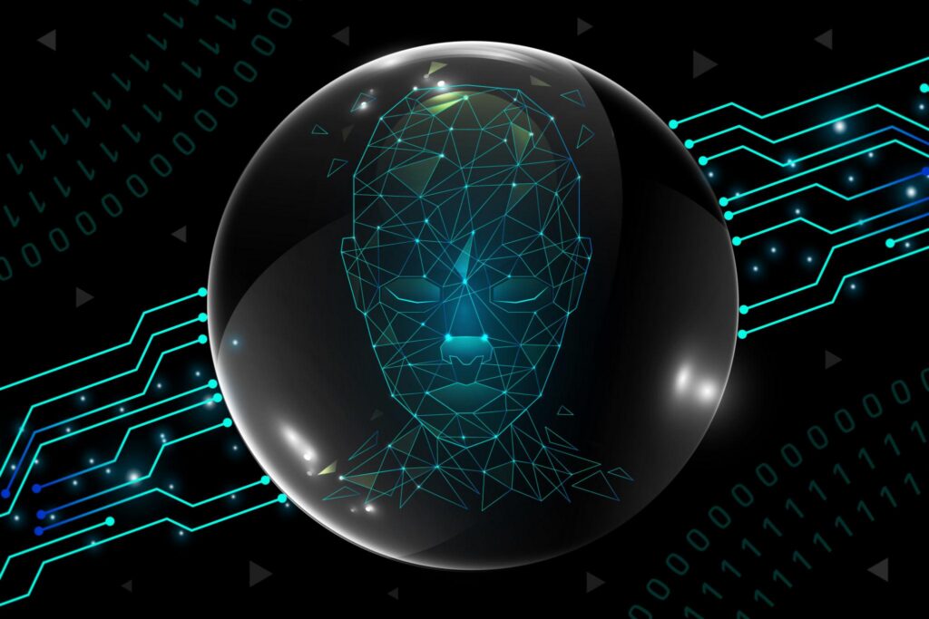 Abstract digital face in sphere